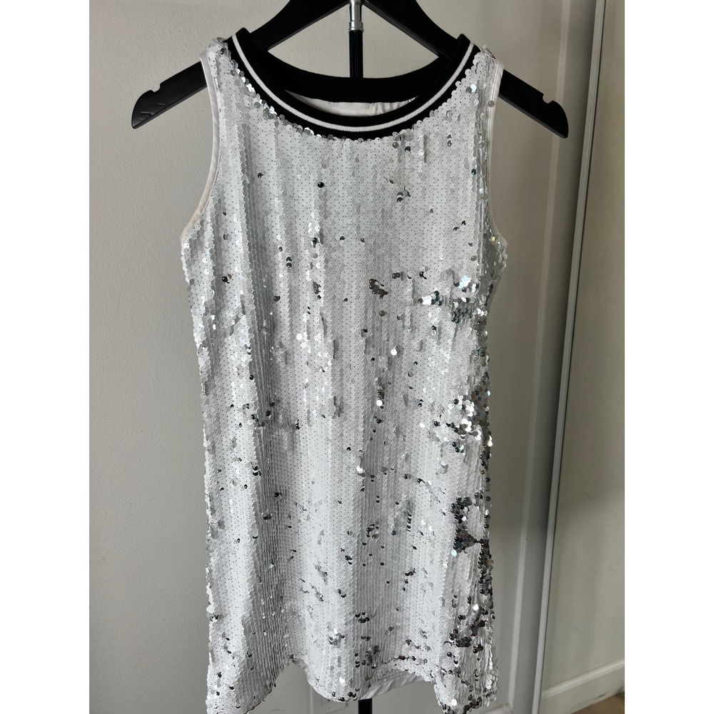 Mia New York Girls White Silver Sequin Dress Sleeveless Striped Neck Size L